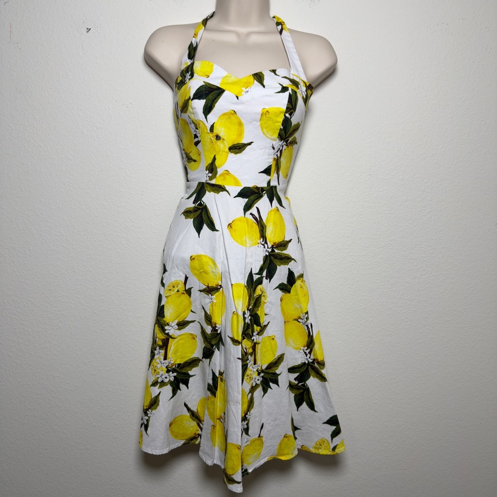 Topdress Women Retro Mod Cotton Dress Medium White Yellow Lemon‎ Halter Novelty